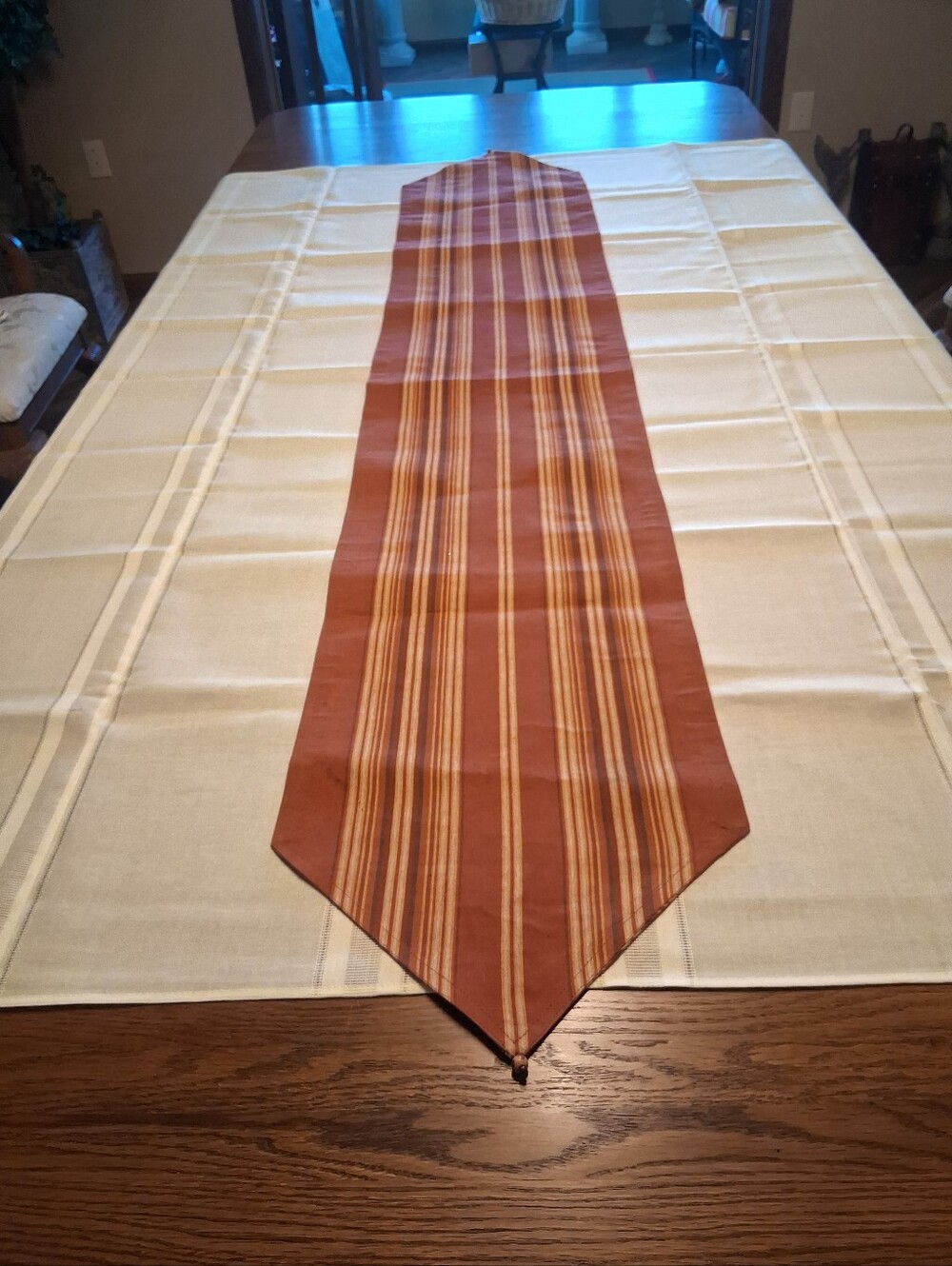 Pale Yellow 52" X 70" Tablecloth With terra cotta, gold brown Striped Runner
